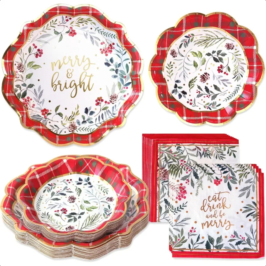 

62pc Christmas Tableware Set Holiday Dinner Party Kit 16pcs 7 inch 9 inch Heavy Duty Party Plates 30pcs 6.5 inch Durable Paper