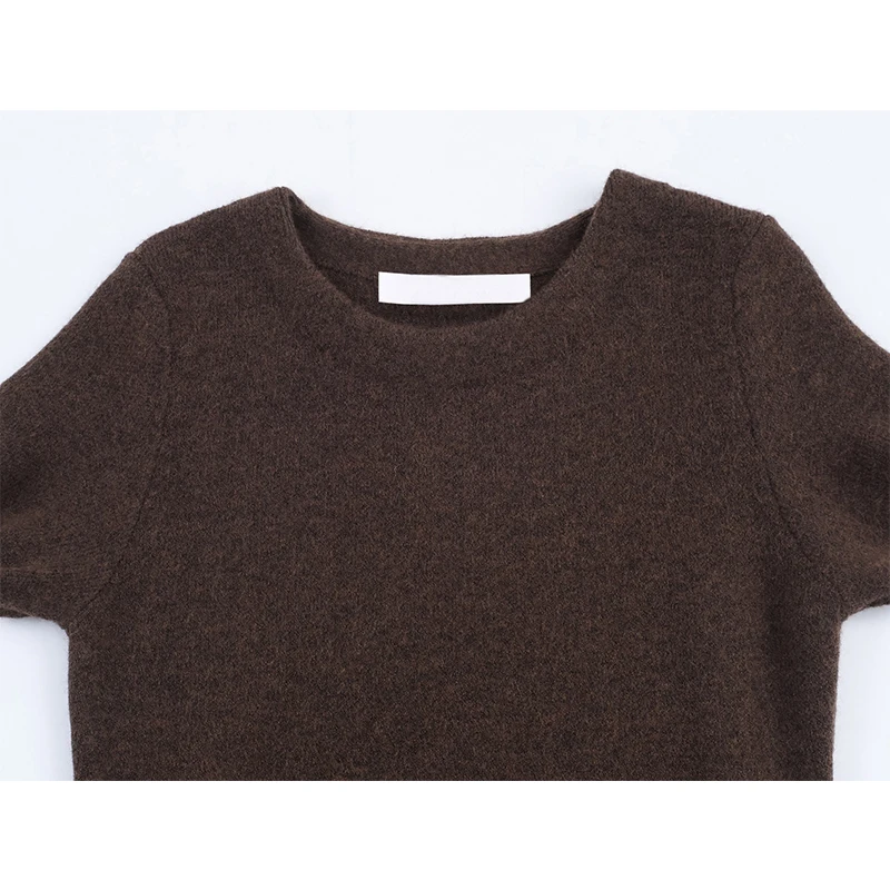 Nuevas mujeres Otoño Invierno piel sintética vestido de punto cuello redondo manga corta A-line Mini Vestidos femeninos