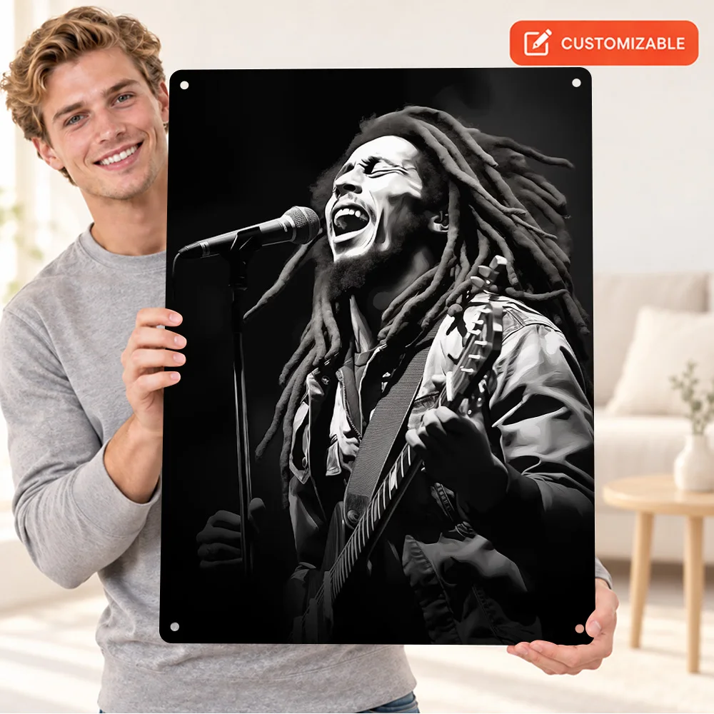 Bob Marley Singing On Stage Printed Poster Personalized Aluminum Metal Sign Monochrome Wall Art For Bedroom Listening Corner