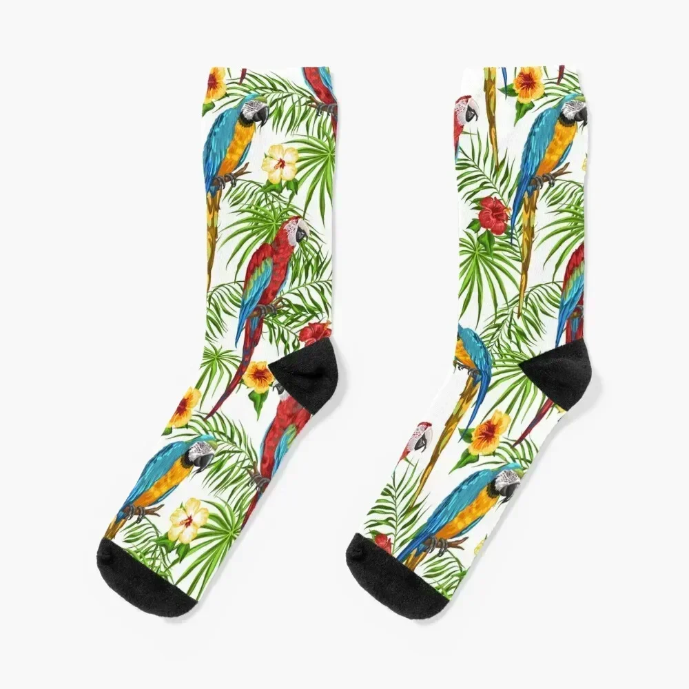 Macaws and Hibiscus Flowers - Exotic Tropical Birds Painting Socks Heating sock winter gifts Lots hip hop Woman Socks Men's