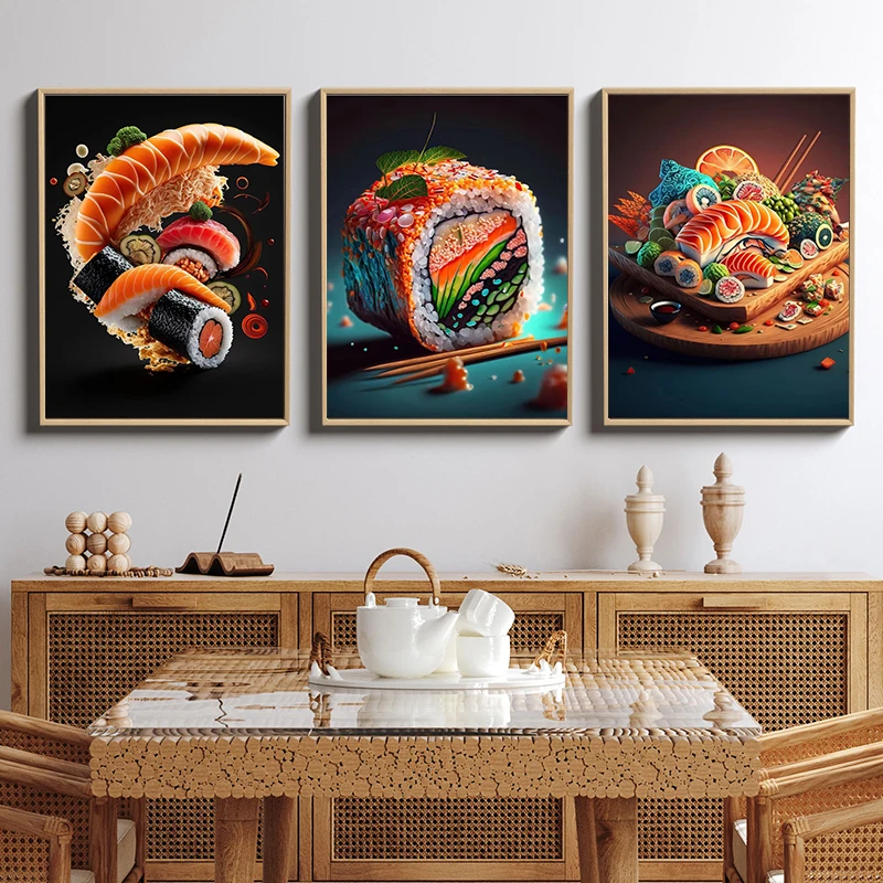 Japan Salmon Sushi Delicious Food For Kitchen Poster Print Wall Art Pictures Canvas Painting Living Room Bedroom Home Decor Gift