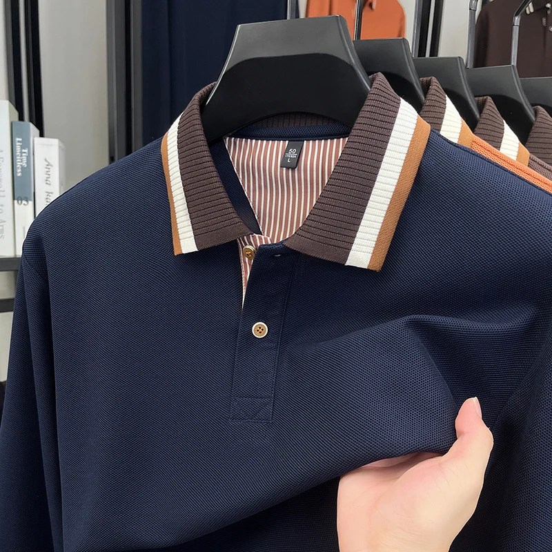 Light luxury men's long sleeve polo shirt fashion stripes color blocked lapel T-shirt new soft comfort casual high-quality top