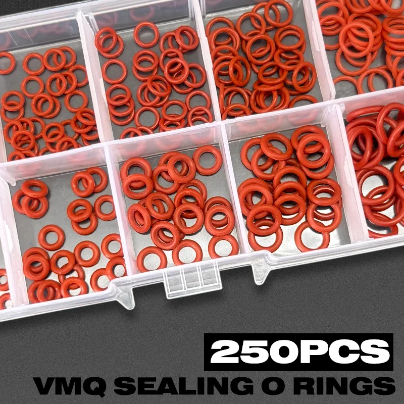Hochelastisches Rotes Silikon-O-Ring-Set 250 Stück Langlebige Verschleißfeste Lebensmittelechte Dichtungen für Haushalt & Industrie Sanitärreparaturen