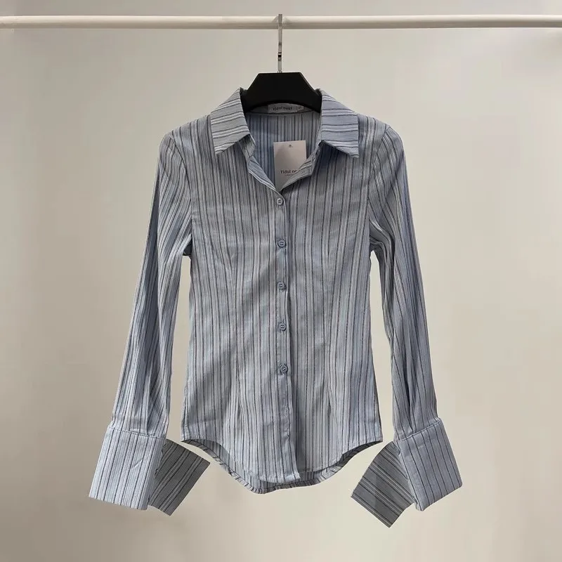 Fashion New Women Shirt Elegant Slim Single Breasted Long Sleeve Top Causal Retro Striped Shirt Chic Design Simple Shirt