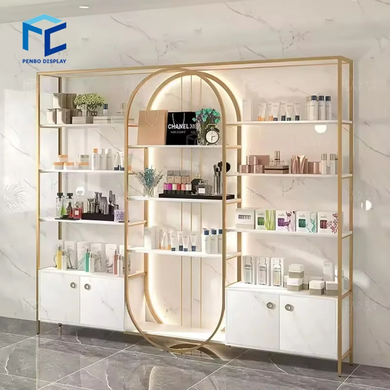 

2025customized.Retail Shop Shelves Grocery Display Convenience Wood Wall Shelves Cosmetics Luxury Makeup Display Racks With Ligh