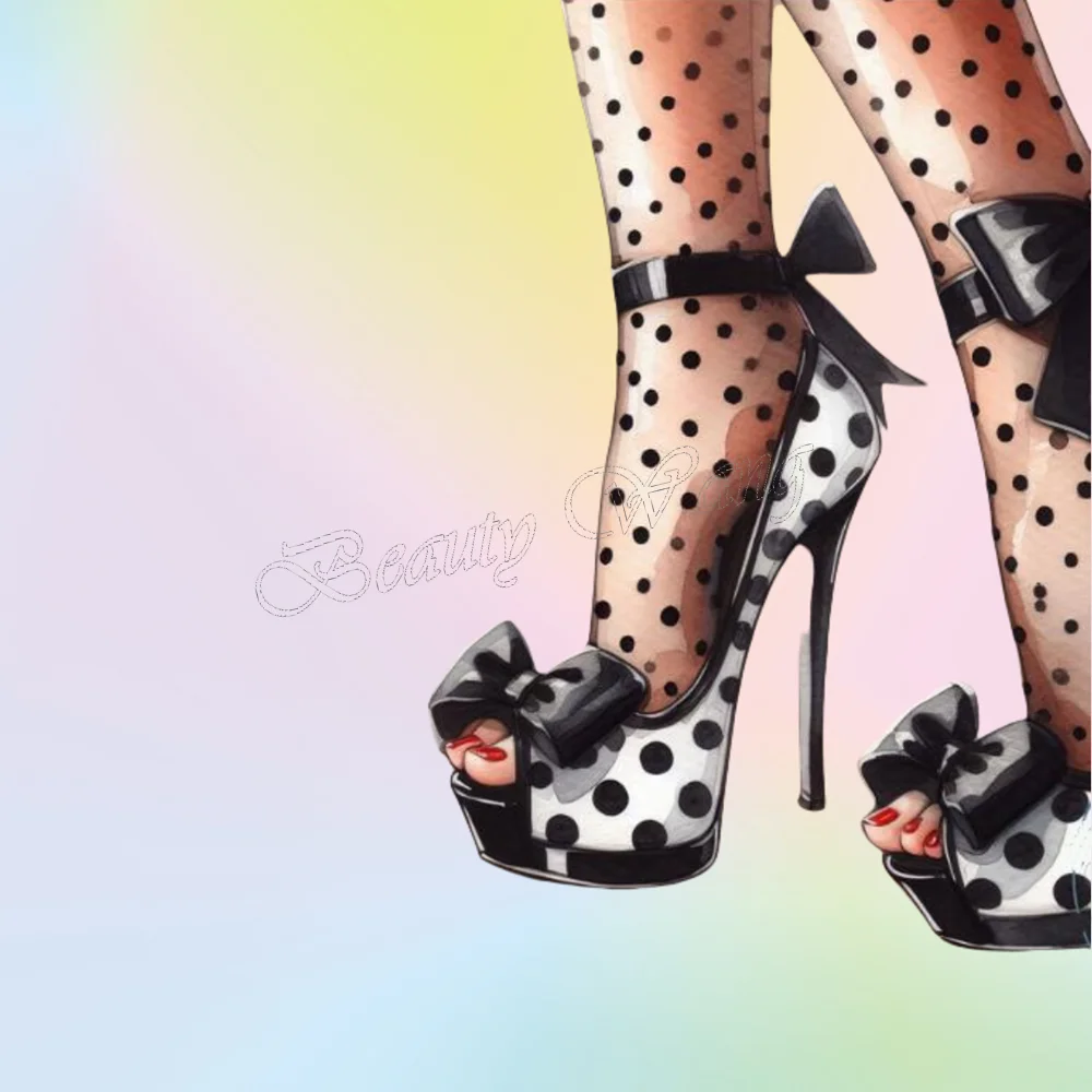 Black White Peep Toe Pumps Bow Knot Polka Dots Shoes Stilettos Heel High Heel Shoes for Women Shoes 2025 Zapatos Para Mujere
