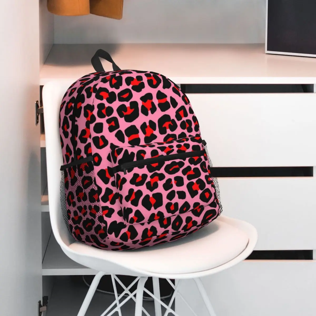 

Red Leopard Print Spots On Pink Student Backpack School Bag Hiking Travel Daypack for Men Women Bookbag Shoulder Bags