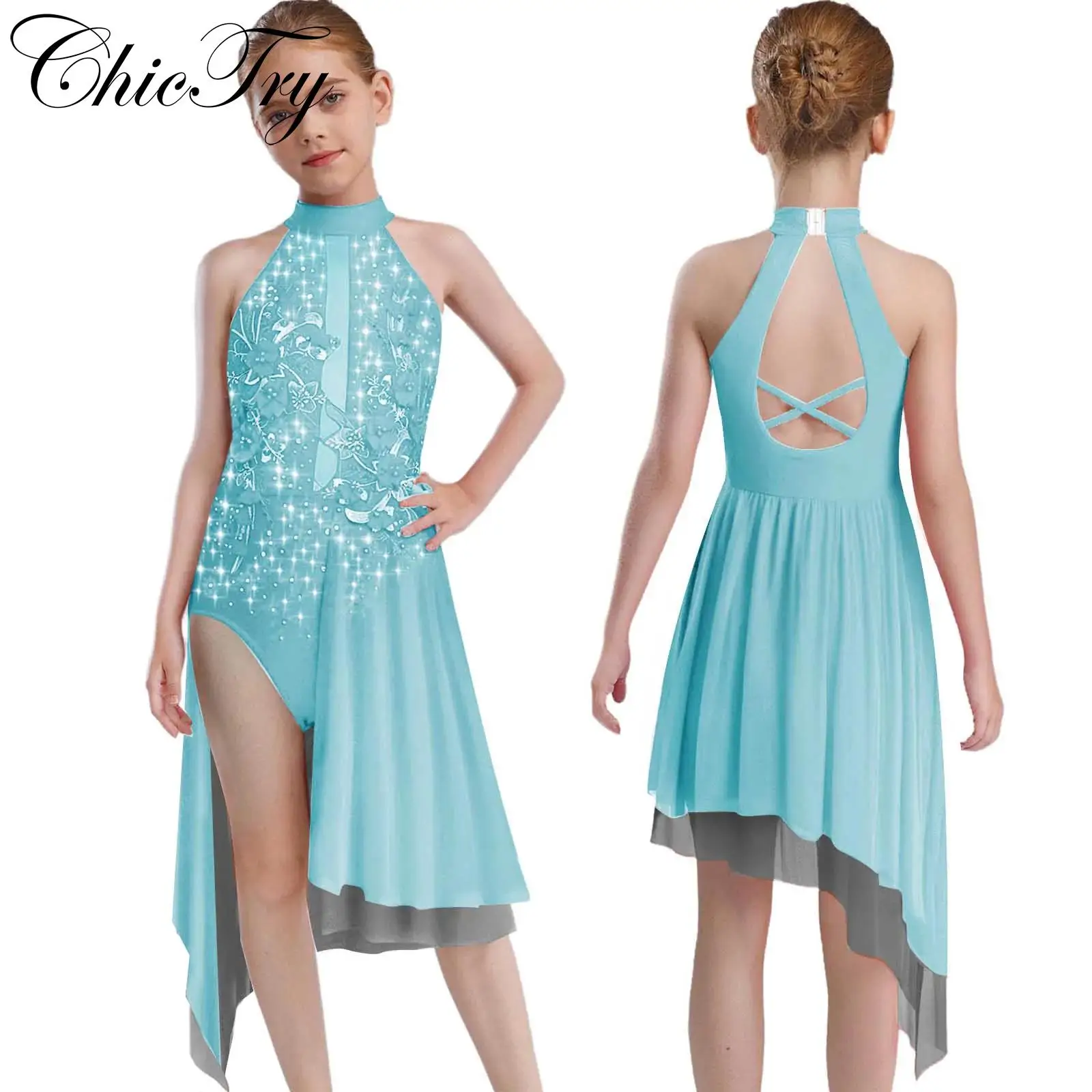 

Kids Girls Ballet Lyrical Dance Dress Figure Skating Costume Sleeveless Cross Back Applique Split Irregular Gymnastics Dress