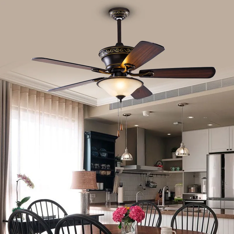 

Retro Ceiling Fan Light 42/52 Inch Hanging Fans Lamp with Pull Switch Woodenfan Blade E27 Led Dining Living Room Kitchen Decor