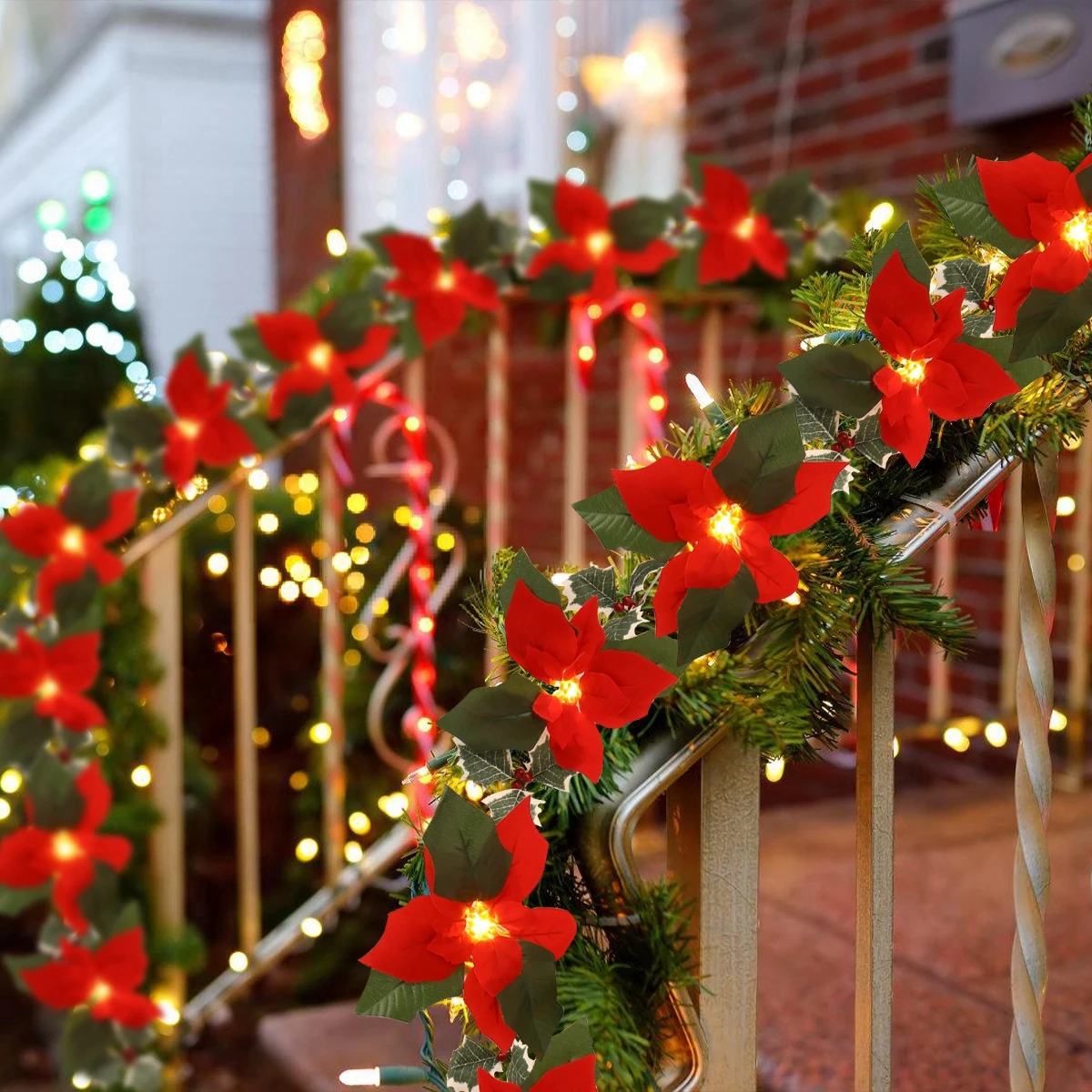 2M10LED Christmas Garland Lighting Strings Artificial Red Flowers Holly Leaves  for Home 2024 Xmas Ornament New Year Gifts 2025