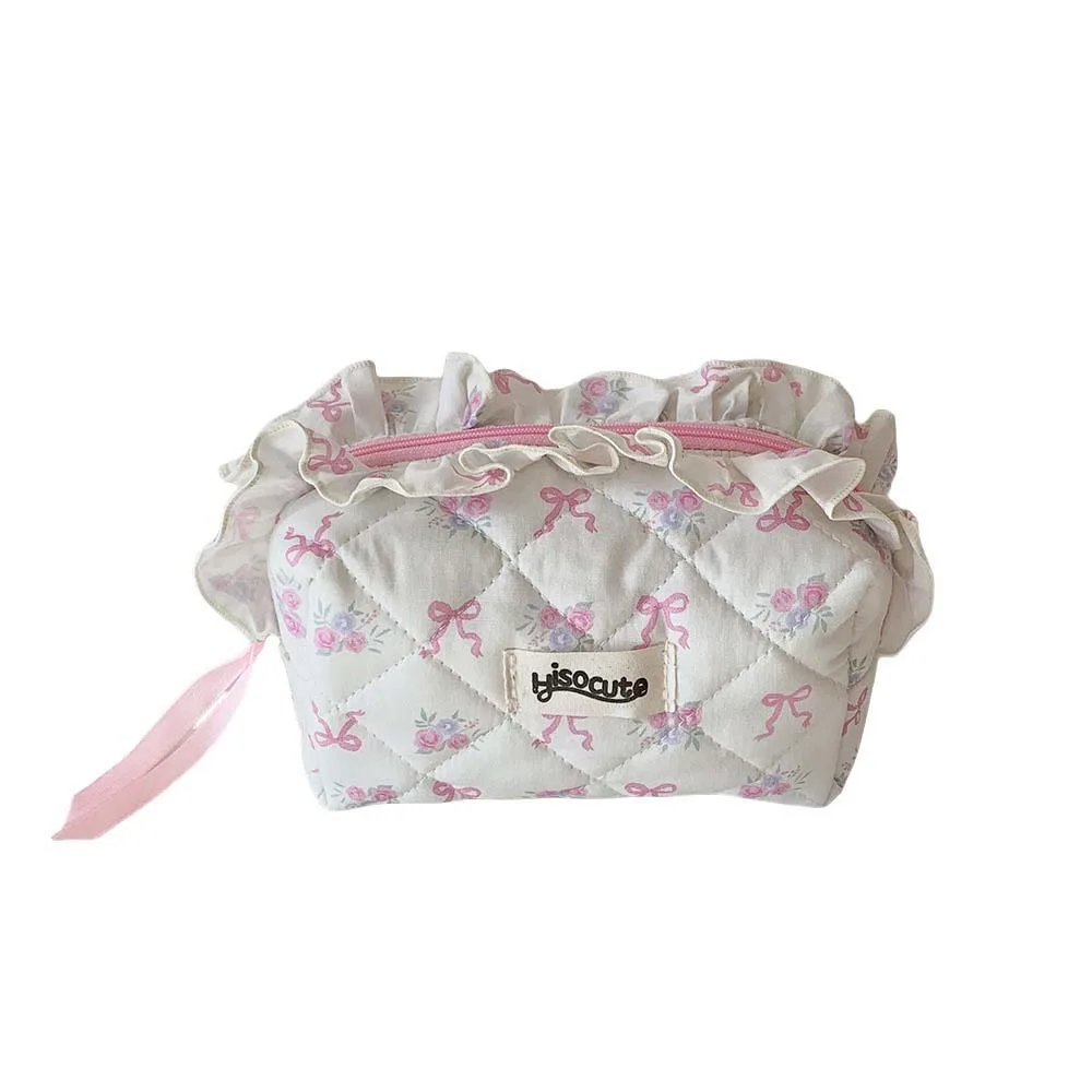 กระเป๋าเครื่องสำอางโบว์ผูกโบว์ กระเป๋าเก็บของบนโต๊ะ ขอบย่น กระเป๋าใส่เครื่องเขียน โบว์ สีชมพู/ขาว สไตล์อินสไตล์ กระเป๋าใส่ดินสอสไตล์เกาหลี