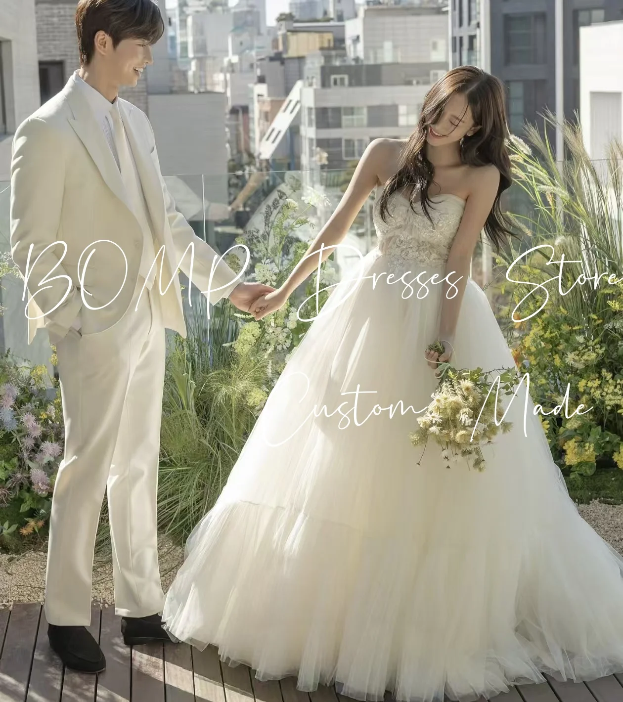 Bomp requintado apliques vestido de casamento sem alças drapeado a linha marfim tule coreia sessão de fotos vestido de recepção de noiva personalizado