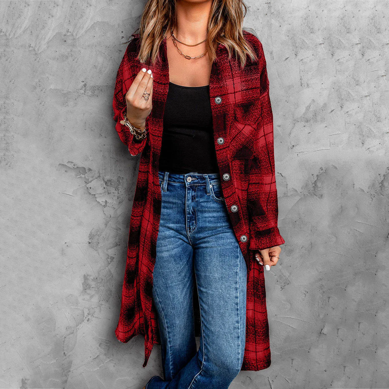 Women Plaid Printed Overshirt Turn-Down Collar Long Sleeve Pocket Loose Fit Elegant Blouse Top Streetwear Vacation Shirt Clothes