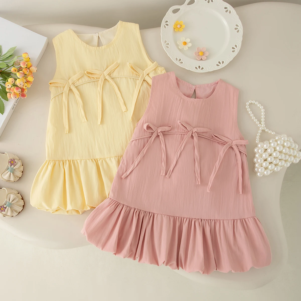 

Летнее платье для маленьких девочек, желтое хлопковое платье без рукавов с бантом, милый наряд для девочек, повседневная верхняя одежда