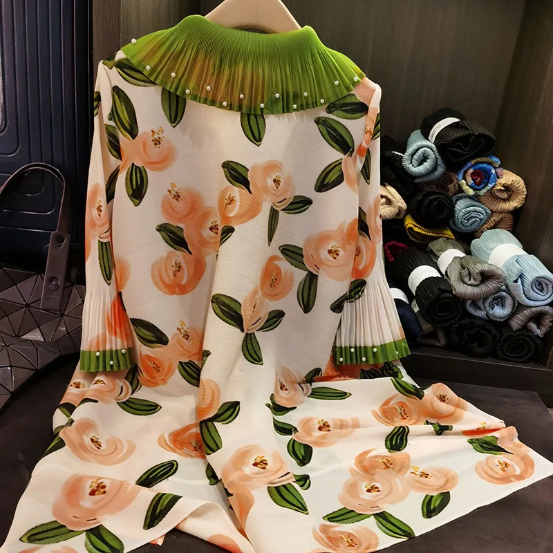 Miyake geplooide jurk High-end leeftijdsverlagende kralen poppenkraag shirtjurk ontwerp bedrukt plus size plooijurken met enkele rij knopen