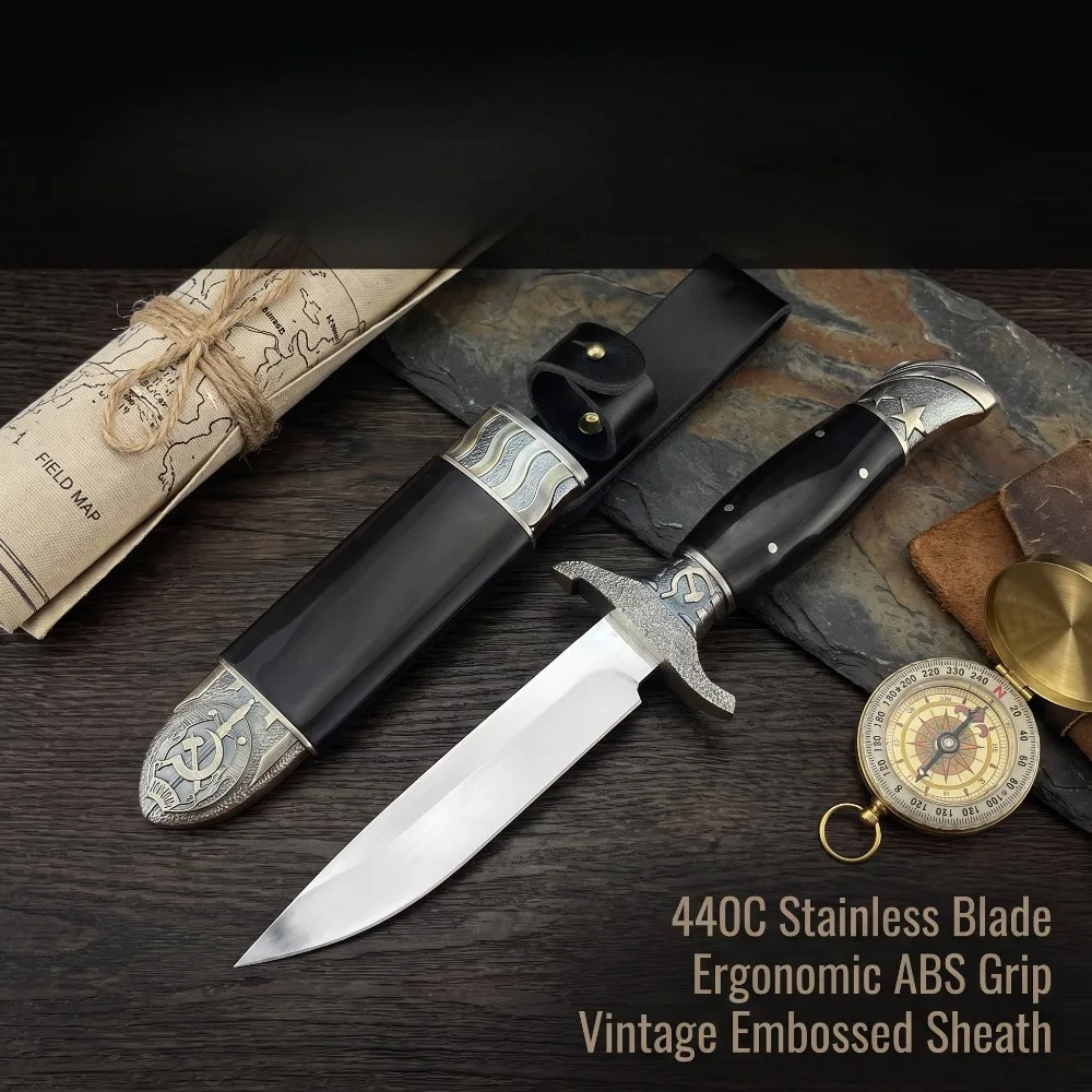 Retro Collection Straight Knife ABS Handle Durable 440C Blade with Sheath Outdoor Camping Hunting Fixed Knives