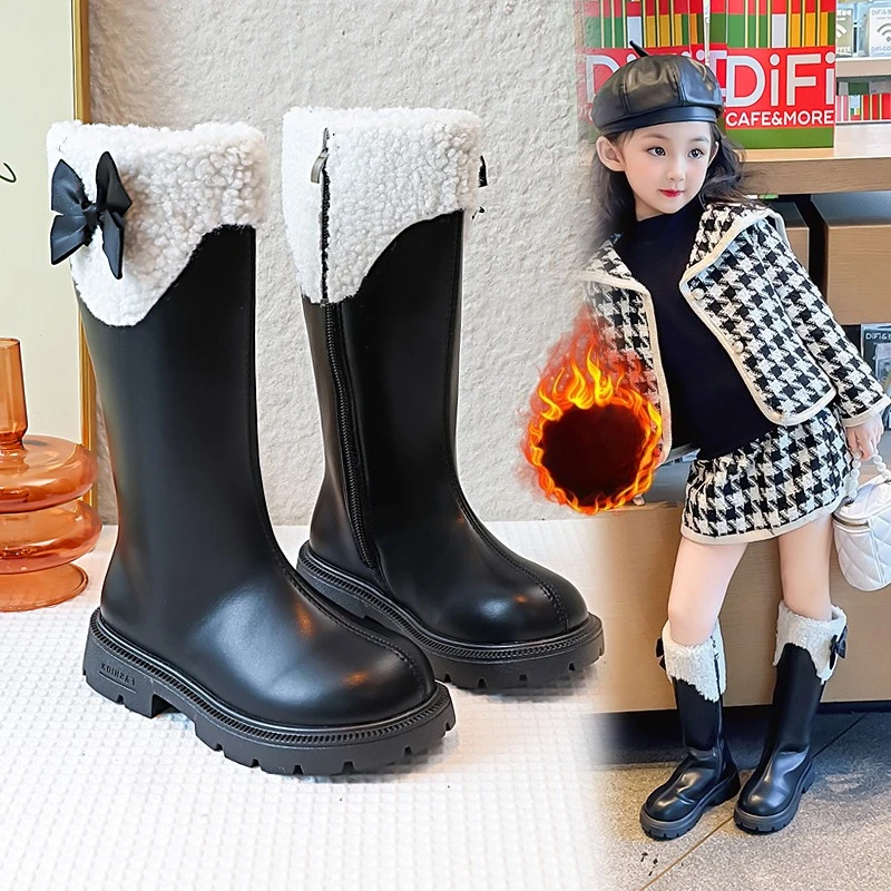

Girls Fashion Boots 3-18 Years Old Bow Bow Padded Thickened Children's Cotton Shoes Fall Winter Long High Kids Leather Boots
