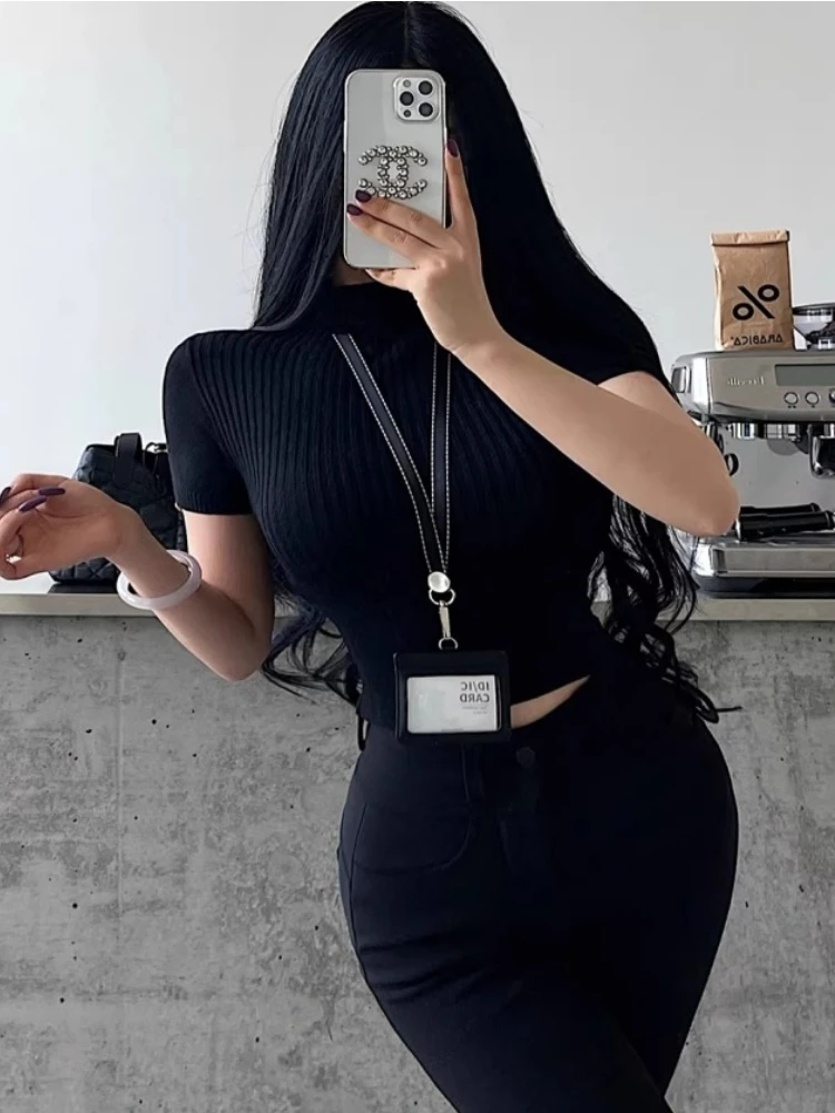 zjaiss Short Sleeve Stretch Knit Pullover 2026 Spring Autumn Turtleneck Women Sweater Slim Fit Figure Flattering Crop Top