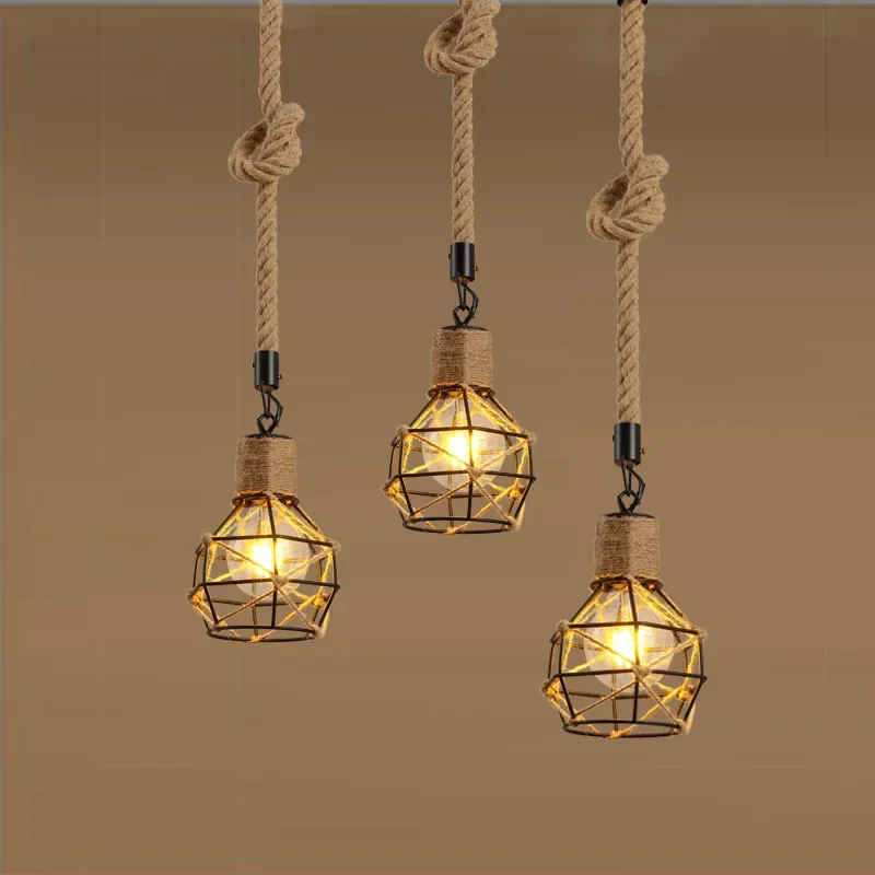 

Loft Retro Handmade Hemp Rope Pendant Lights Fixture Iron Vintage Industrial American Cafe Bar Kitchen Indoor Led Hanging Lamps