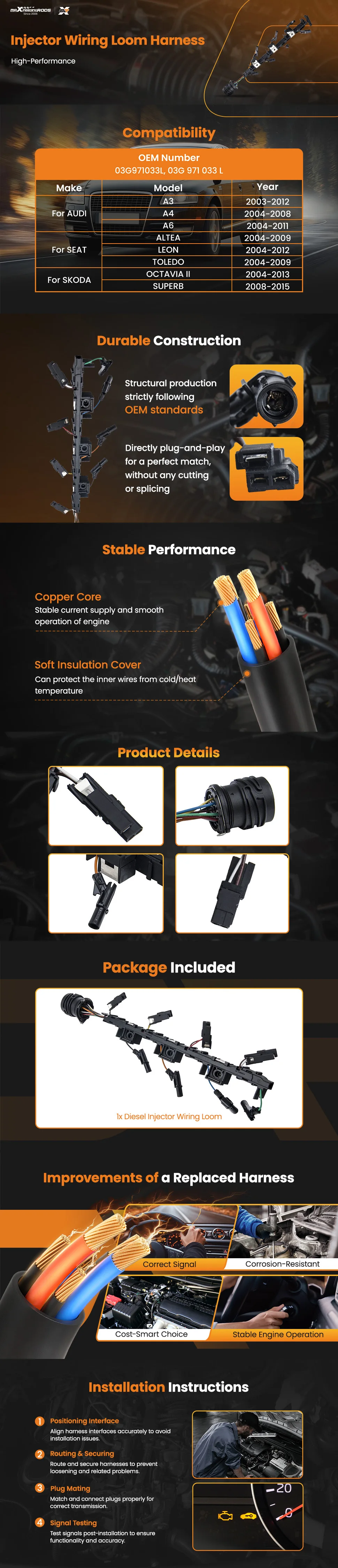 1PC Injector Wiring Loom For VW Audi A4 A6 Seat Golf SKODA Octavia 2004-2013