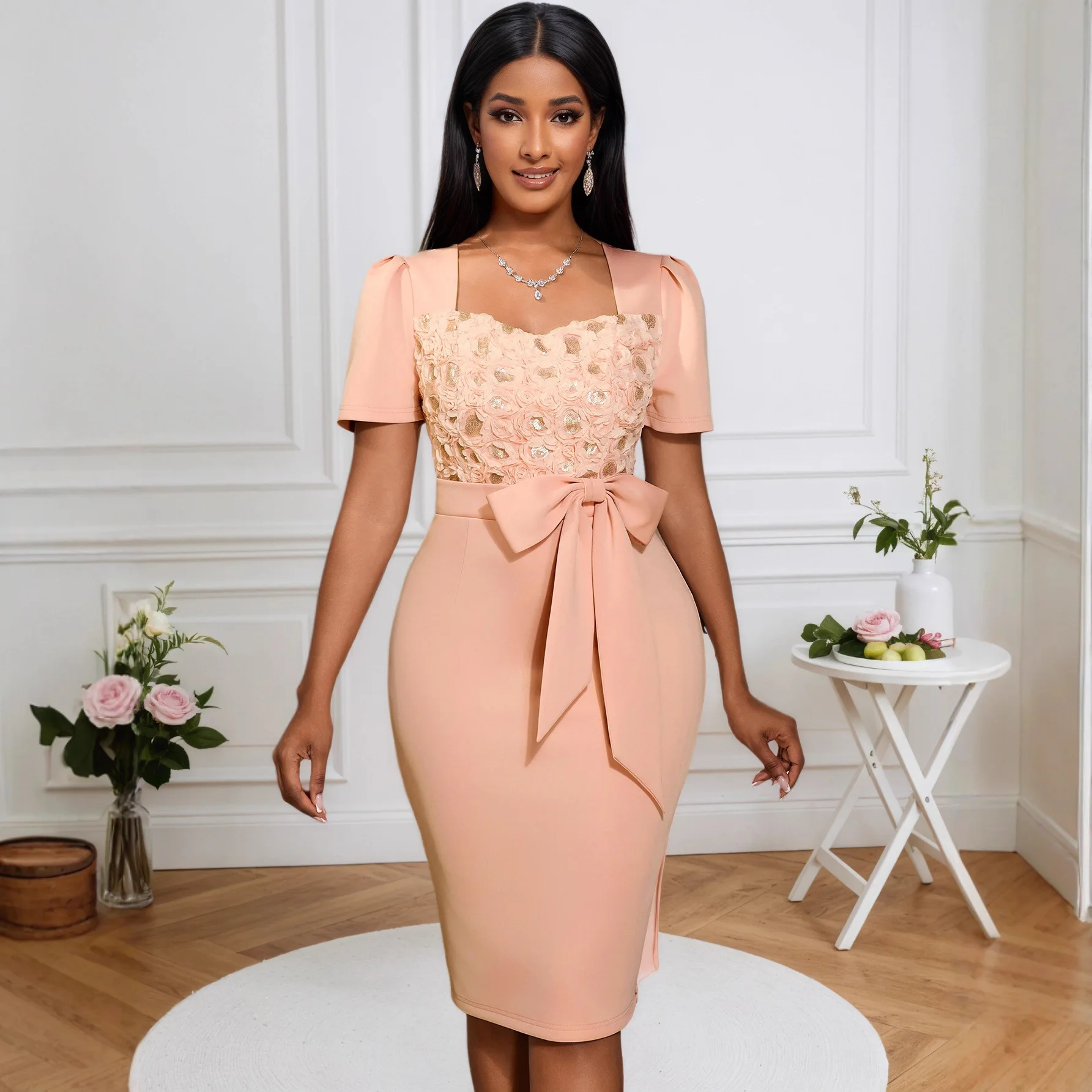 

Платье с квадратным вырезом и 3d розой, с бантом на талии, вечернее облегающее платье для женщин, летнее платье 2025, женское платье, Vestido