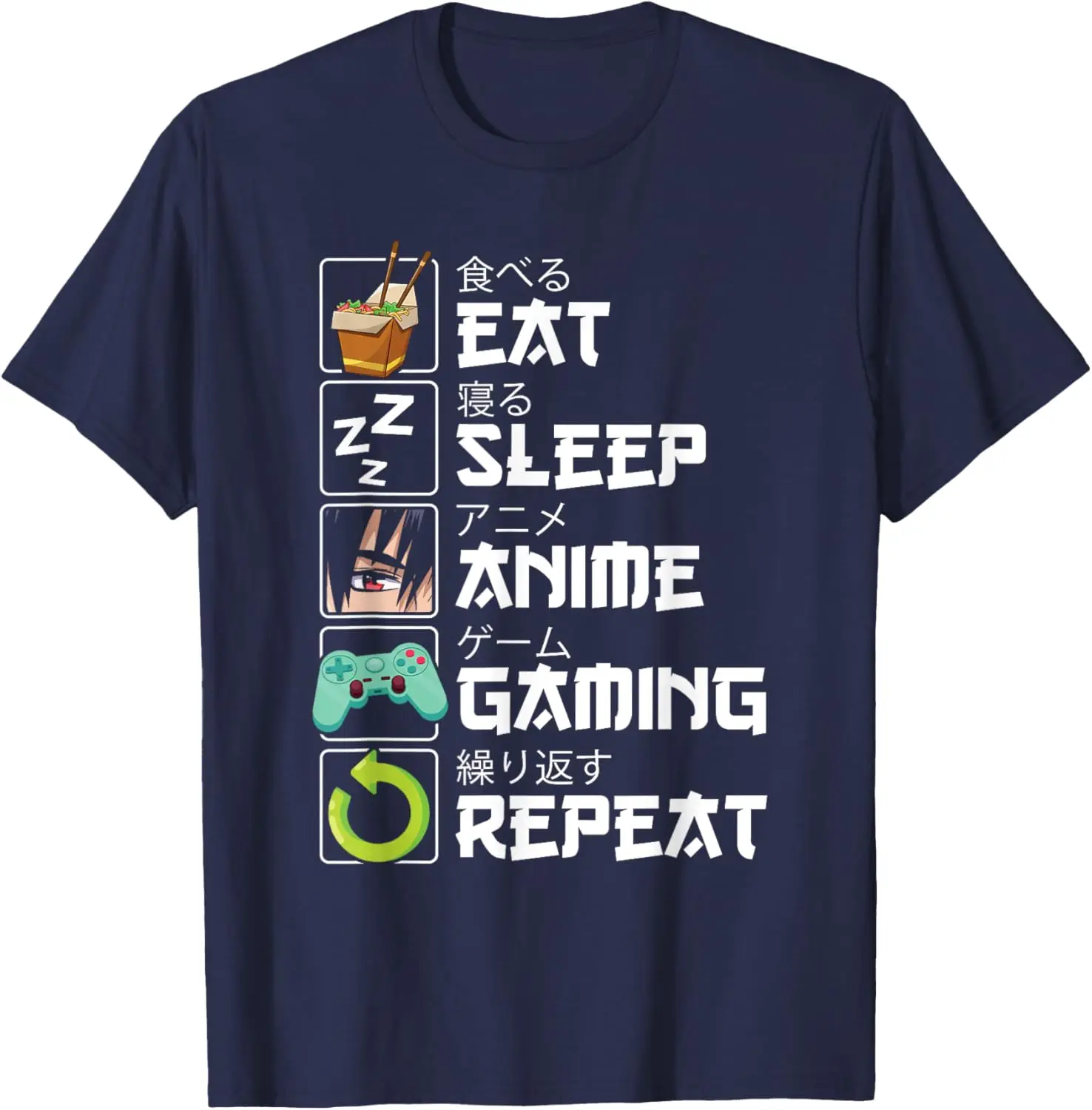 Eat Sleep Anime Gaming Repeat Kawaii Otaku Anime Manga Fashion Crew Neck Top Summer 100% Cotton Streetwear Printed T-shirt