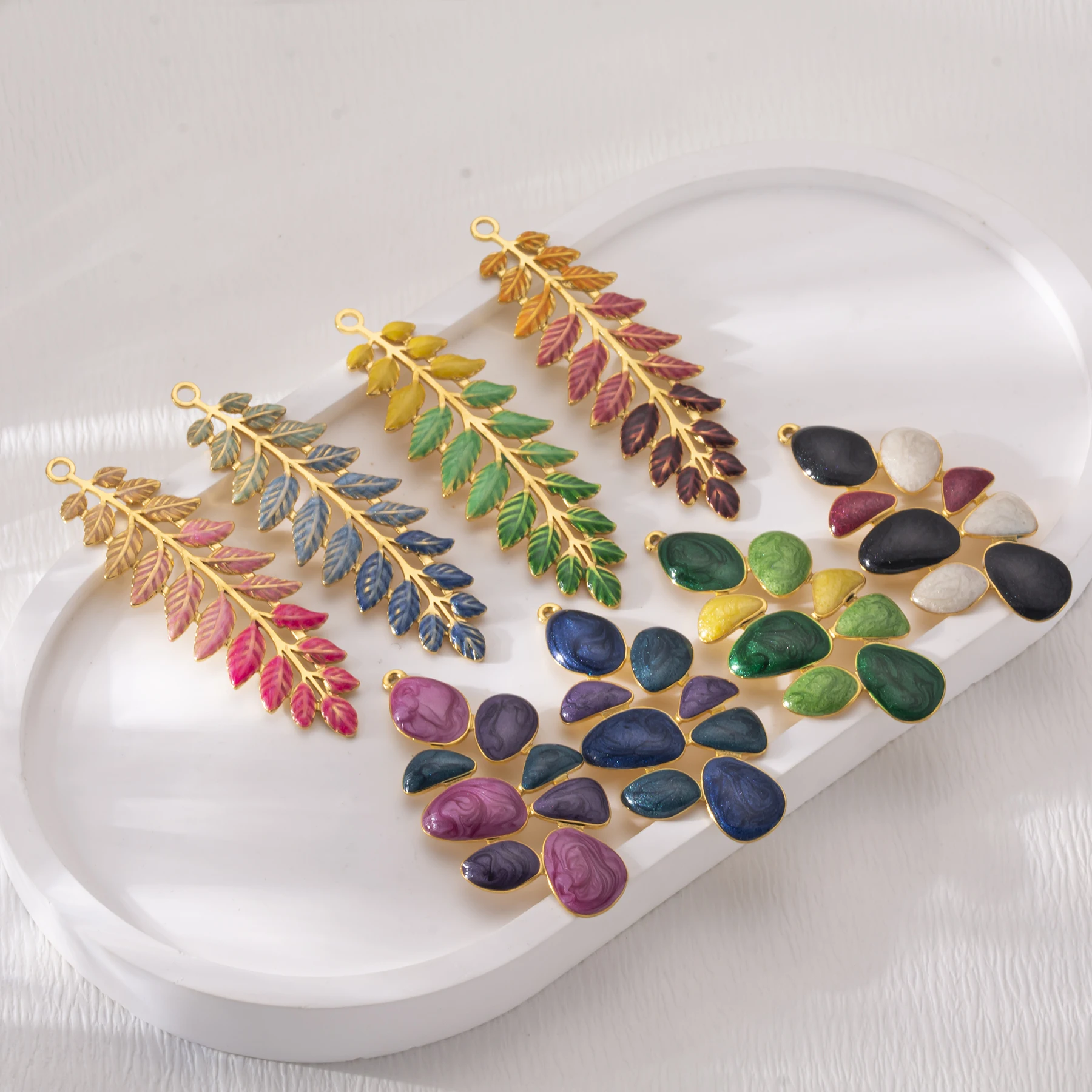 4Pcs Gold Plated Enamel Leaf Charms, Stainless Steel Colorful Pendants for DIY Jewelry Making