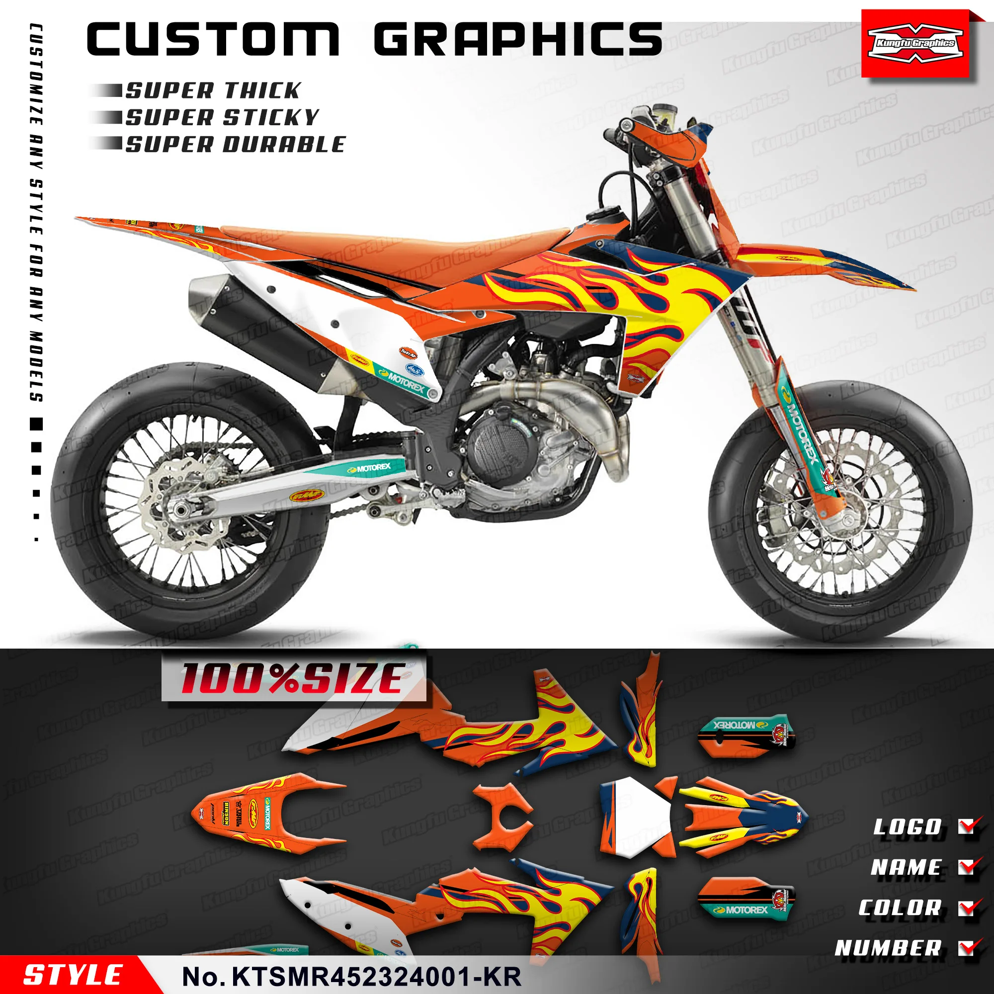 KUNGFU GRAPHICS Custom MX Stickers Enduro Motorcycle Decals for KTM SMR 450 SMR450 2023 2024, Rebuild, KTSMR452324001-KR
