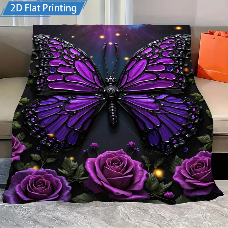 

1pc Flannel Blanket Purple Butterfly & Rose Print Fleece Blanket Cozy Sofa Bed Throw Cover Decorative Soft Warm 3D Design