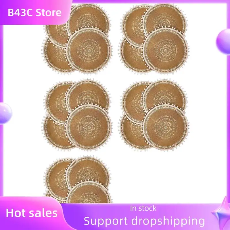 

B14C Round Placemats Set Of 20,Boho Woven Jute Table Mats With Pompom Tassel For Dining Room Kitchen Table Decor(White Ball)