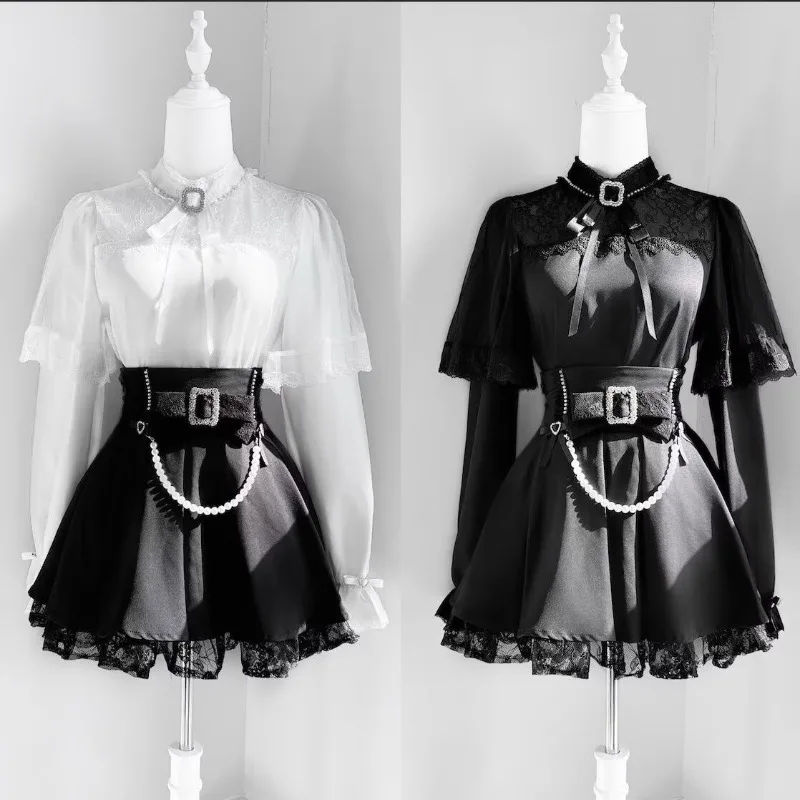 Darkly Series Lace Gothic Bow Shirt+Skirt Sets Spicy Girl Lolita Autumn New Japanese High Waist Skirt 2 Piece Set Women Colthes