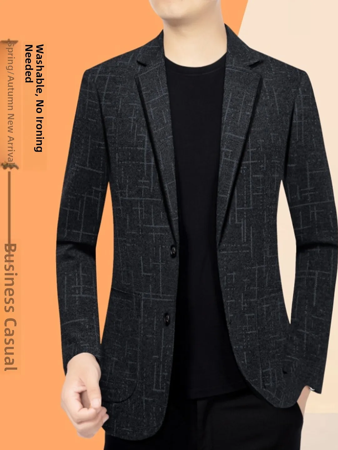 

Мужская повседневная эластичная куртка для города и бизнеса, флокированная, стандартного кроя, модный городской стиль, с длинным рукавом, на двух пуговицах, однобортная