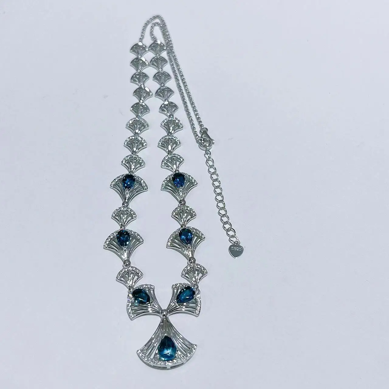 4*6mm London Blue Topaz Fan Shaped Necklace 925 Sterling Silver Plated with Cubic Zirconia Inlay for Women