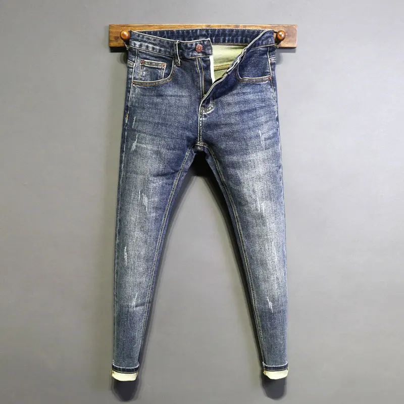 Jean Délavé et Déchiré pour Homme, Pantalon Crayon en Denim, de Haute Qualité, Vintage, Bleu, Slim, de Styliste