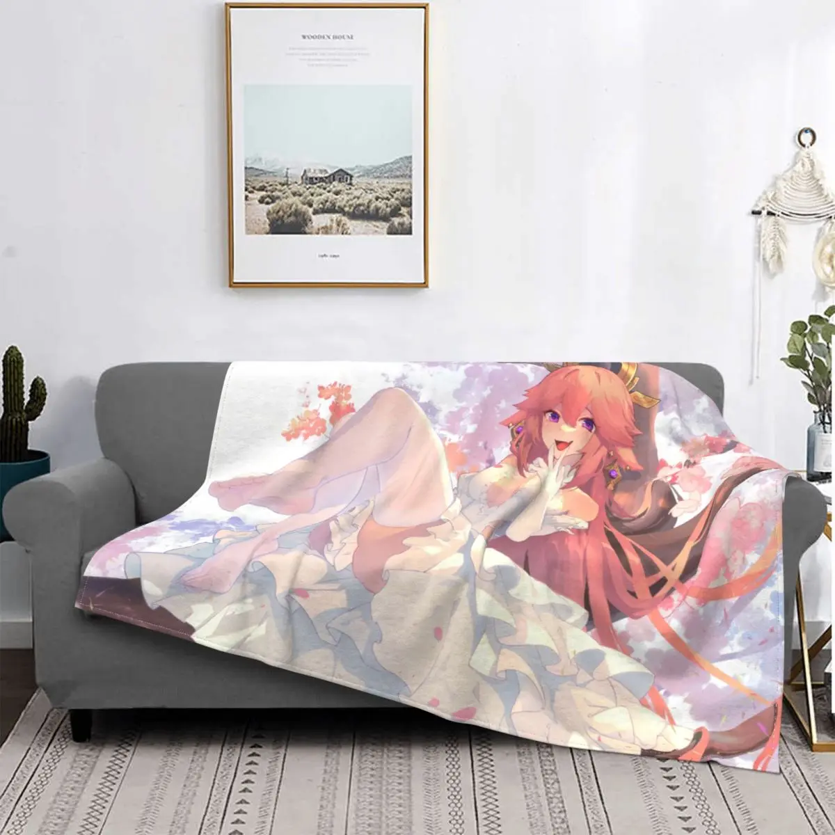 Yae Miko Cute Genshin Blanket Velvet All Season Breathable Lightweight Throw Blankets For Car Bedspread