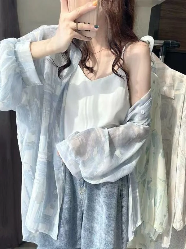 

Ele Thin Women's irt Summer Casual Loose Long Sve Collar Print Design Sun Protection Fairy T Sle Top