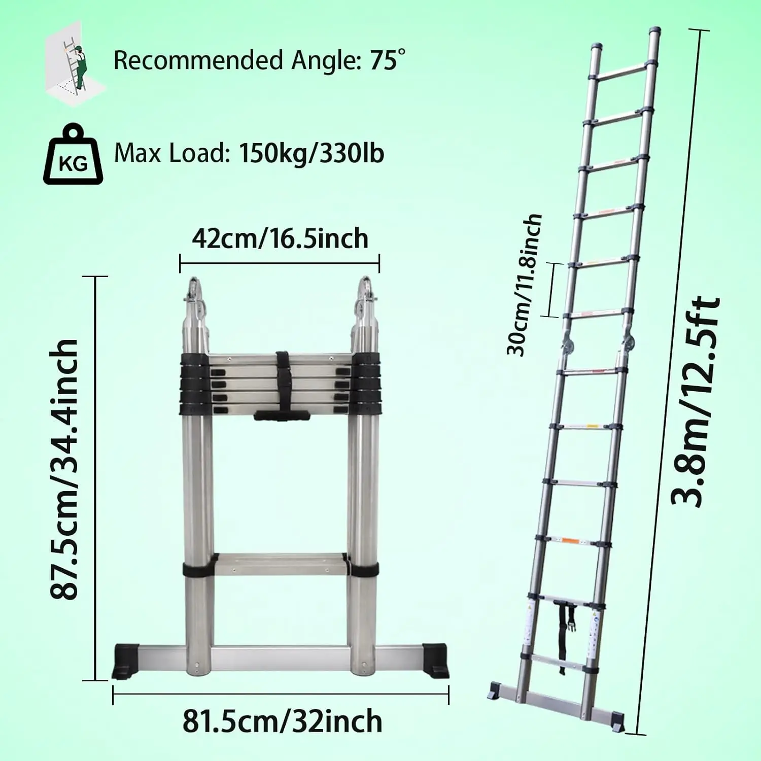 DayPlus Telescopische Ladder Roestvrijstalen Vouwladder Draagbare Uitschuifbare Loft Ladder Capaciteit Max. Belasting 150kg/330lb, EN131