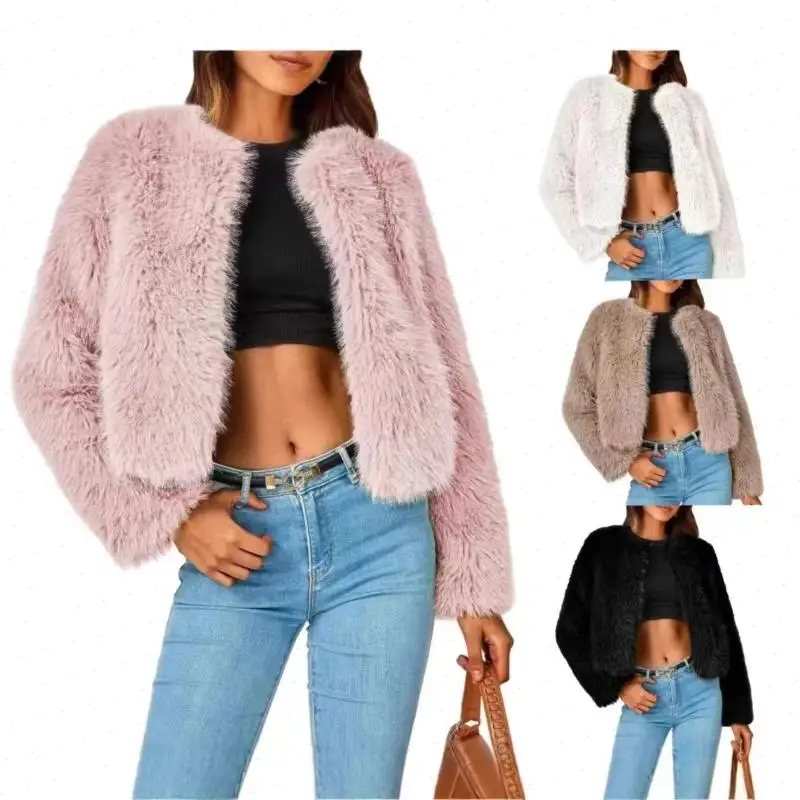 Faux Fur s Women Elegant Short Coat Cardigan Warm Thick Outerwear Casual Streetwear Long Sleeve Solid Coats
