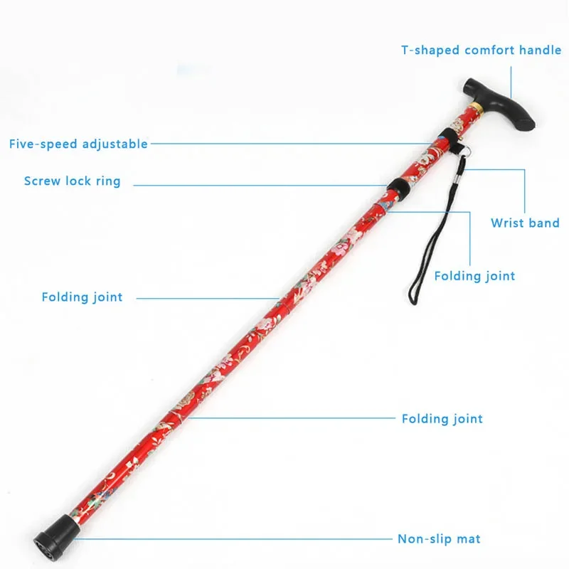 Lightweight Foldable Walking Sticks For Elderly Old Man telescopic 92cm Adjustable Folding Floral Metal Cane Trekking Hiking