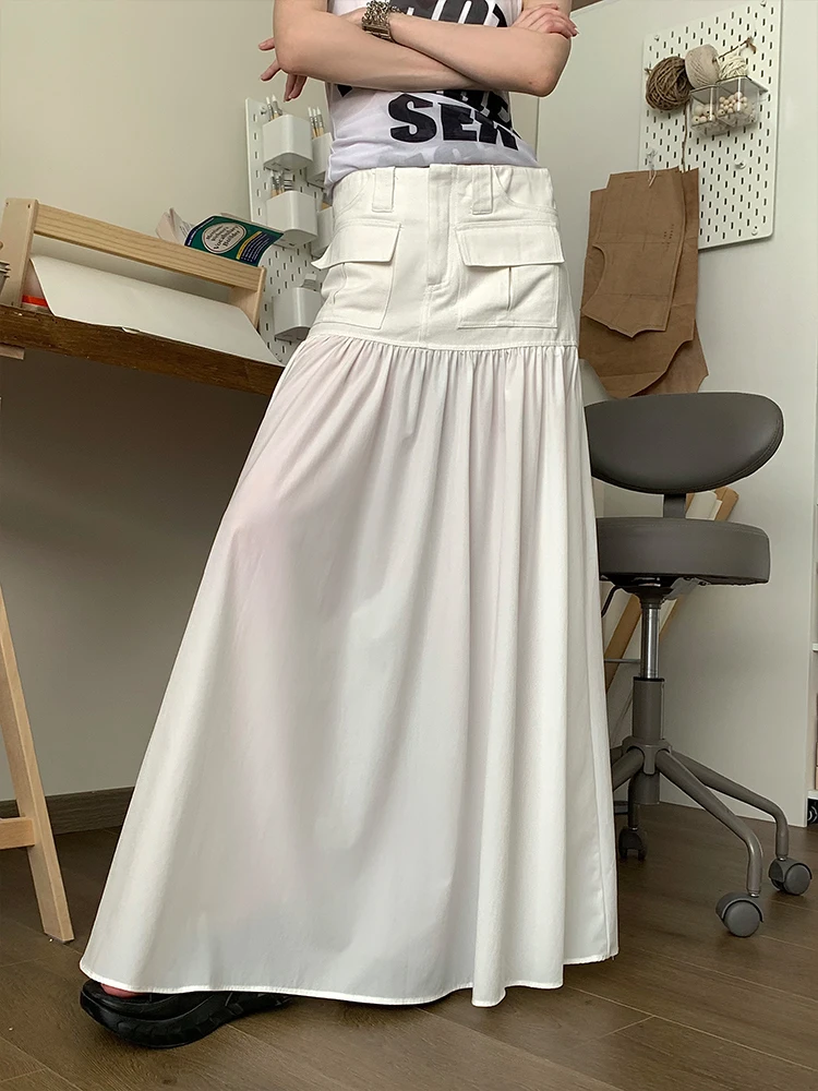 Low Waist A-Line Midi Skirt White Patchwork Oversized Umbrella Skirt Women's Fashion Simple Style Cotton Polyester Blend