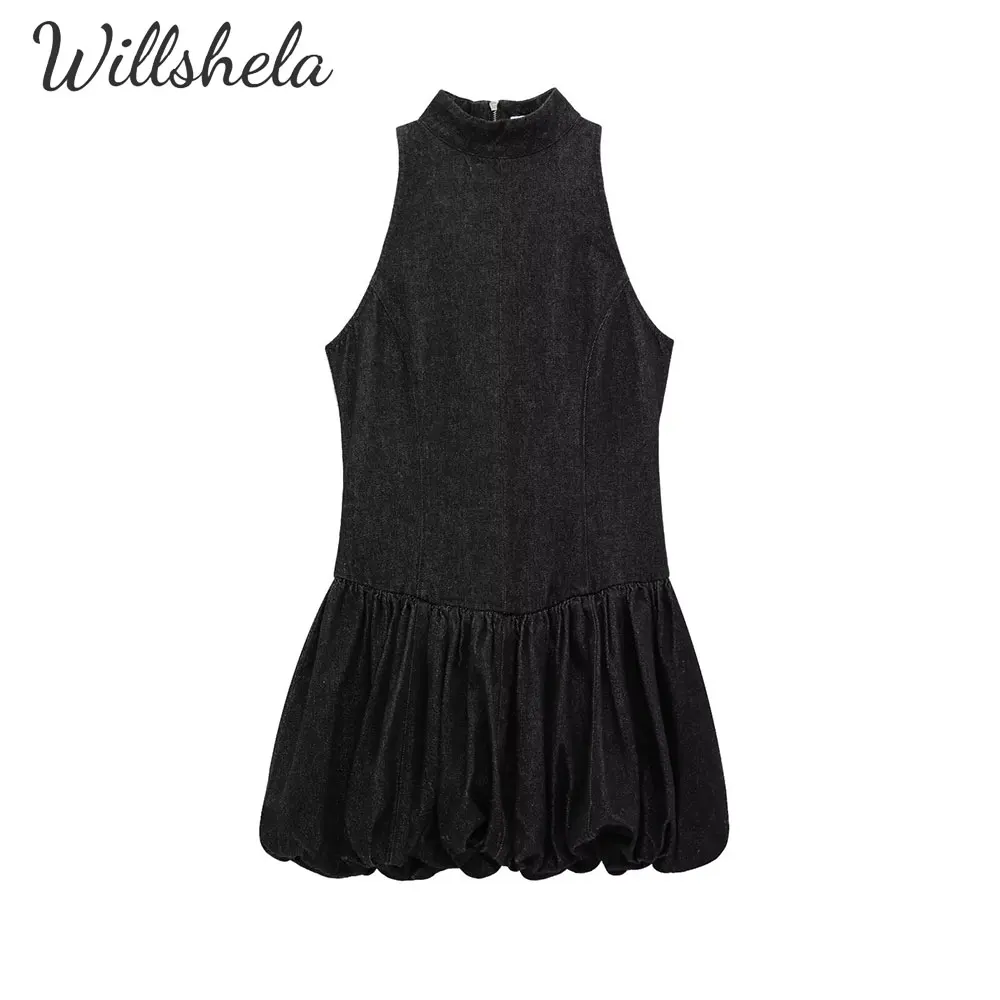 

Willshela Women Y2K Denim Mini Ballon Dress Sleeveless Round Neck Sleeveless Female Chic Lady Casual Mujer Short Jeans Vestidos