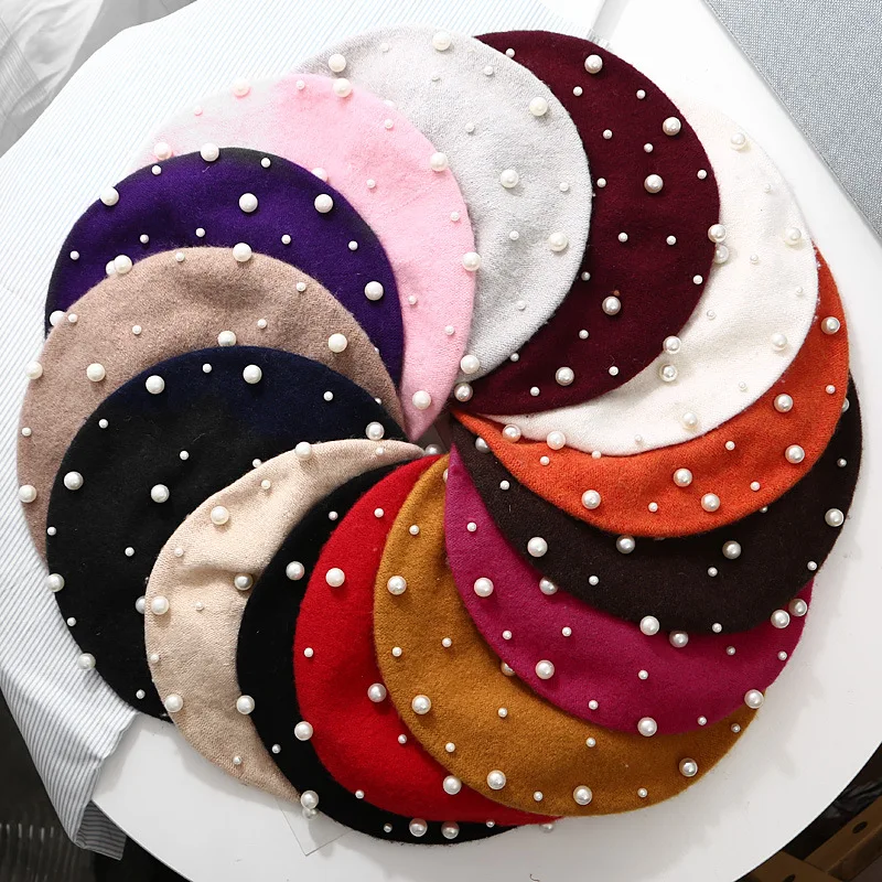 

Autumn Winter Cashmere Brimless Luxury Heavy Industry Beret Starry Sky Pearl Studded Rivets Wool Beret Knit Hat 4m817