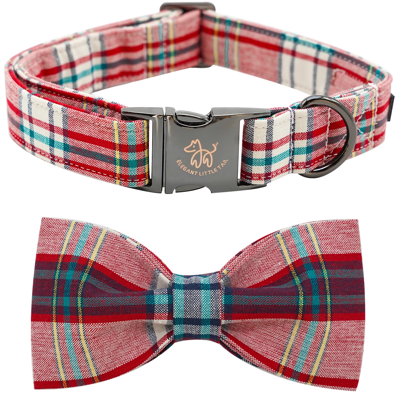 Elegant little tail Dog Collar, Christmas Dog Collar Red Plaid Holiday Pet Collar Dog Bow Collar Pet Durable Adjustable