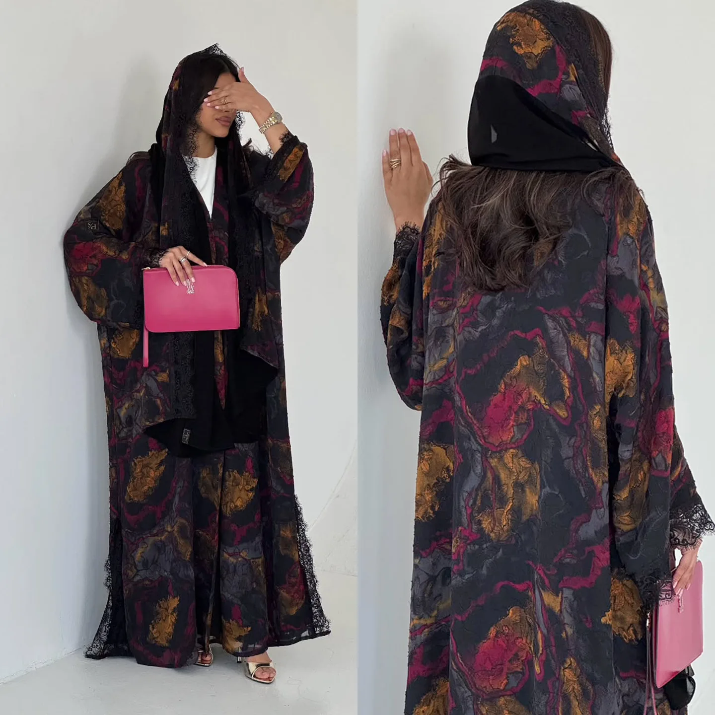 Eid Abaya Hijab Suit Women Print Dresses Muslim Lace Cardigan Robe Khimar 2 Piece Set Jalabiya Ramadan Morocco Kaftan Vestidos
