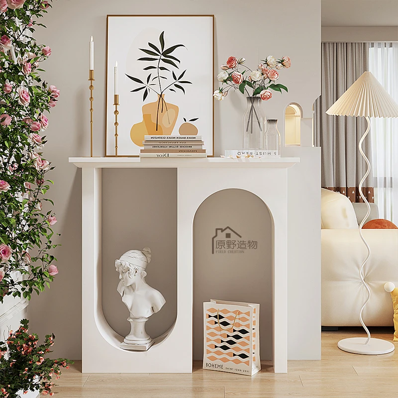 Móveis mesa entrada arte minimalista branco decorativo armário corredor contra a parede duplo arco design prateleira para sala de estar