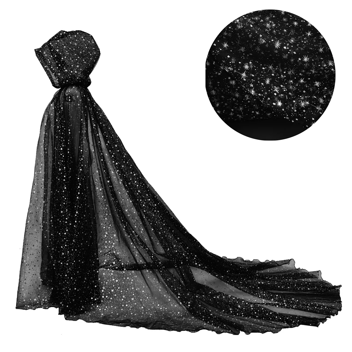 Halloween-Kapuzenumhang mit langem Schleier, einfarbig, glänzend, Sternenhimmel-Motiv, für Damen, geeignet für Hochzeiten, Gartenpartys, Bühnenauftritte, Kostüm, Tüllumhang – Detail 2