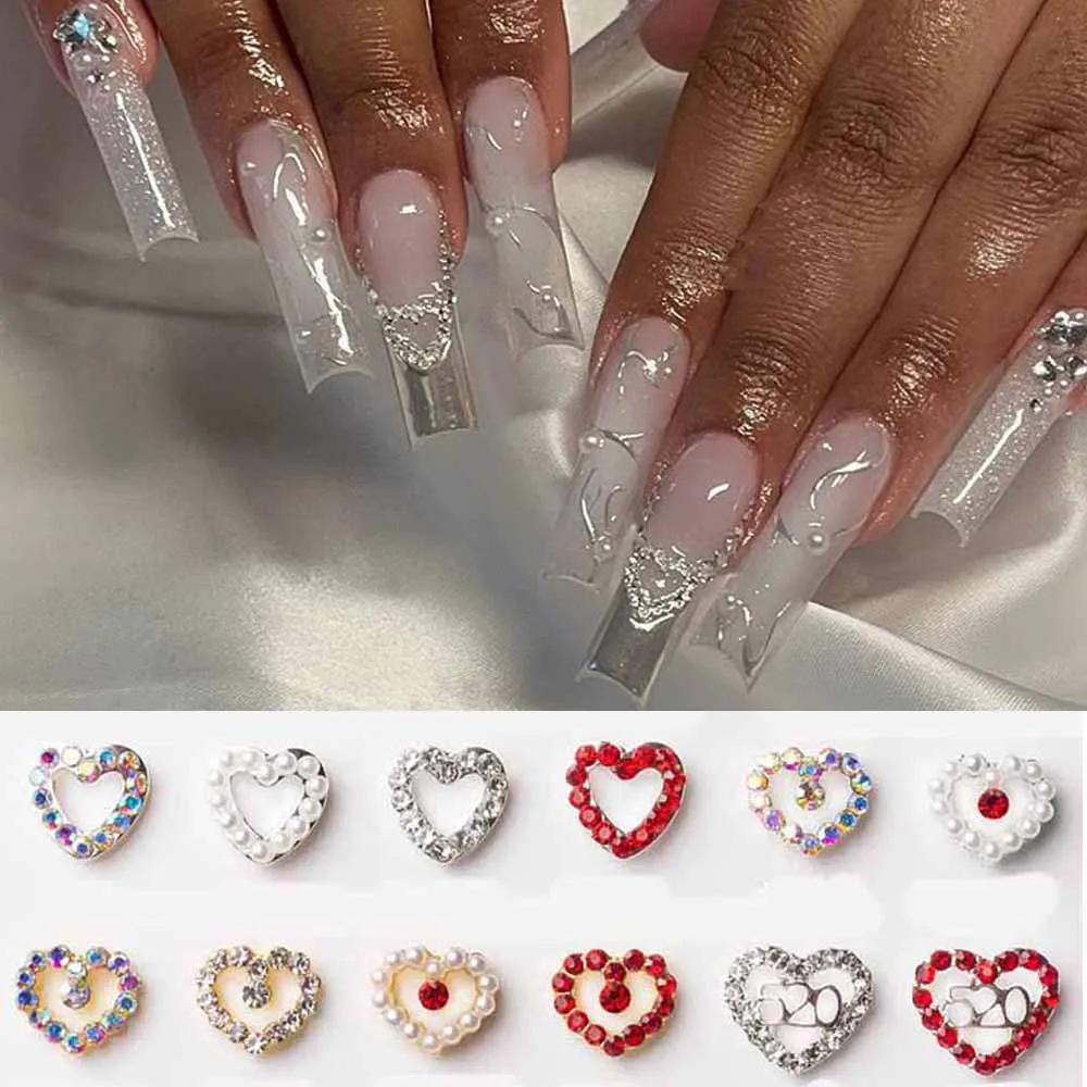 

10pcs Silver Heart Crystal Nail Art Charm 3D Alloy Gold Sliver Glitter Love Nail Rhinestone Jewelry Luxury Manicure Accessories