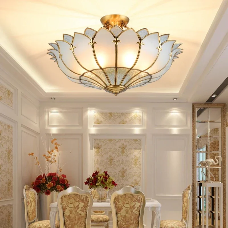 

SANDYHA Роскошный Ретро Американский Медный Лотос Стеклянный Абажур Теплый Белый Светодиодный Потолочный Светильник Вилла Гостиная Спальня Декор Дома