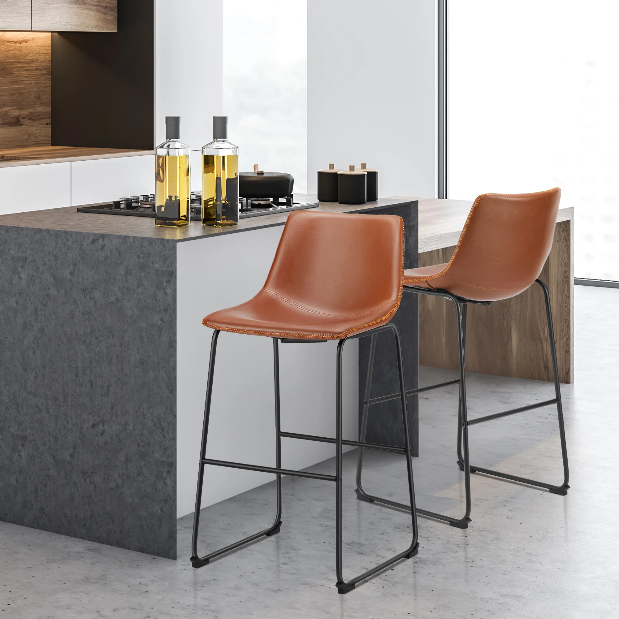 

JHK Modern Counter Height Bar Stools Set of 2 Faux Leather Barstools with Back Armless Kitchen Island Chairs with Metal Legs