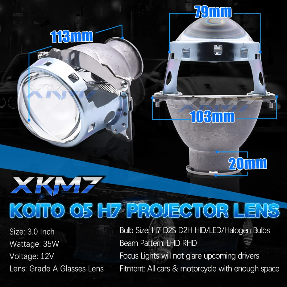 Lenses For Koito Q5 H7 Headlights Lens Single Xenon Projector 3.0 inch H7 D2S D2H LED HID Halogen Light Bulbs Car Accessories